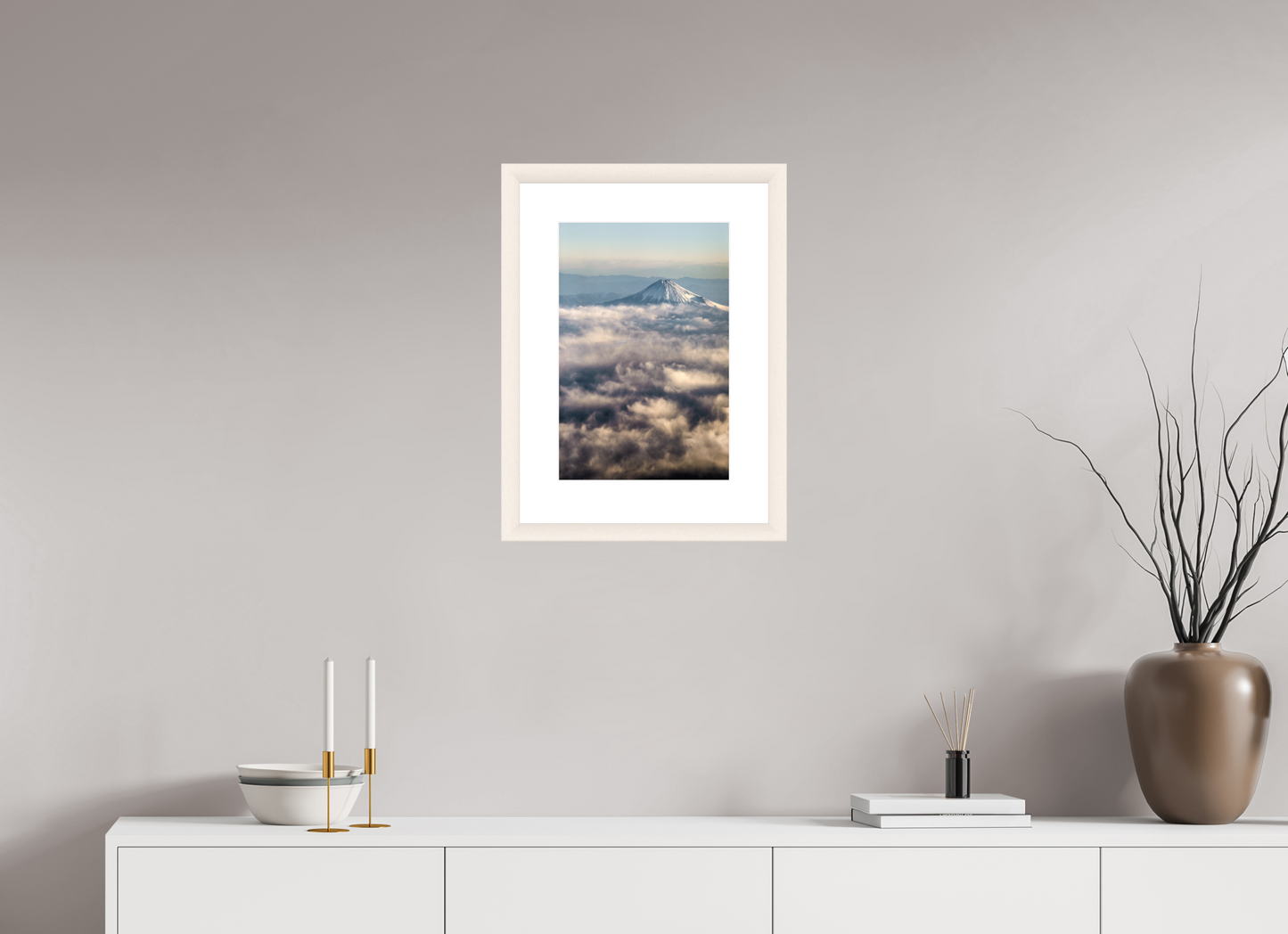 30 x 45 cm, White Frame (acrylic glass) Mount Fuji above the clouds