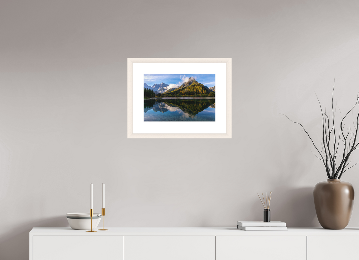 45 x 30 cm, White Frame (museum glass) Lake in Slovenia